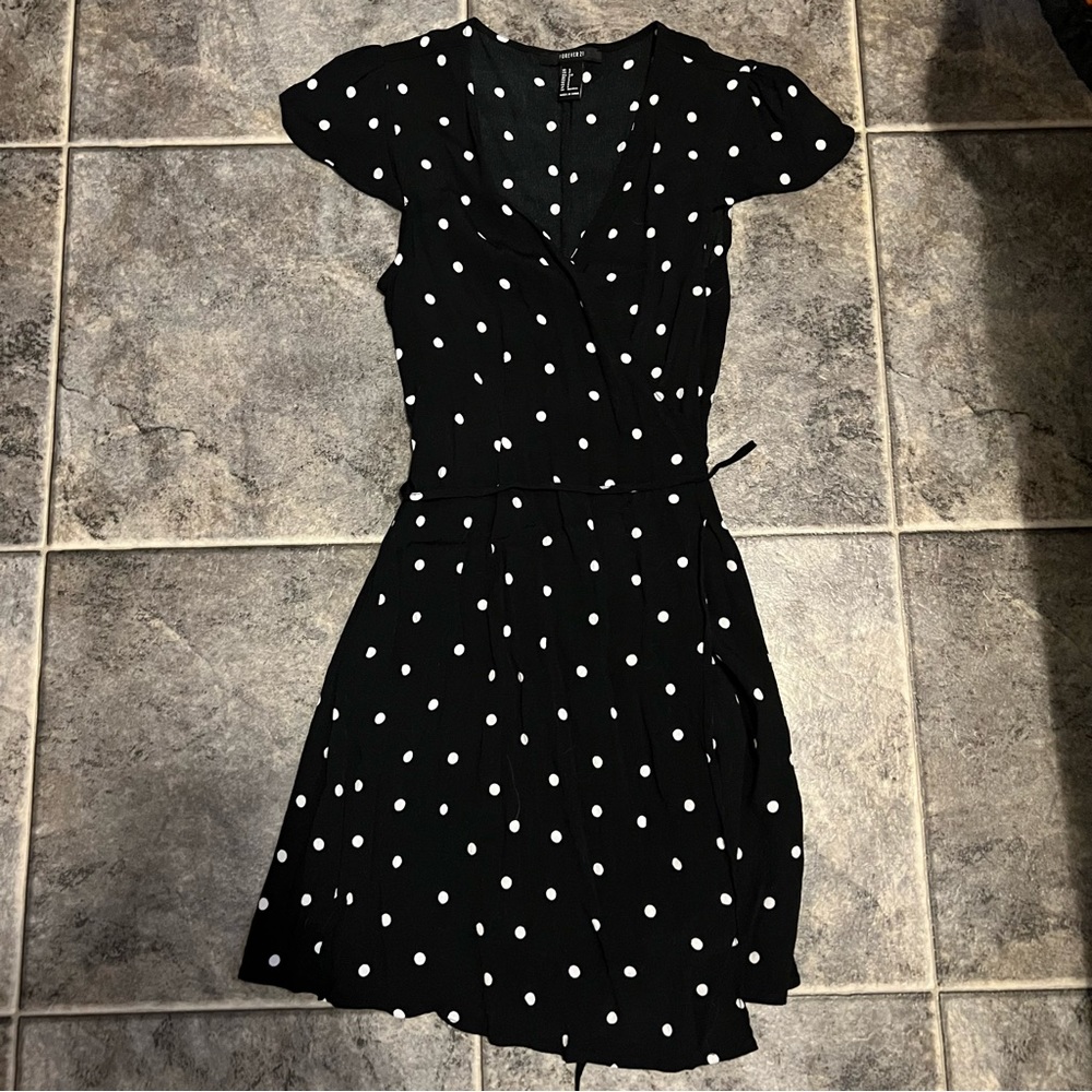 Forever 21 Black and White Polka Dot Wrap Mini Dress